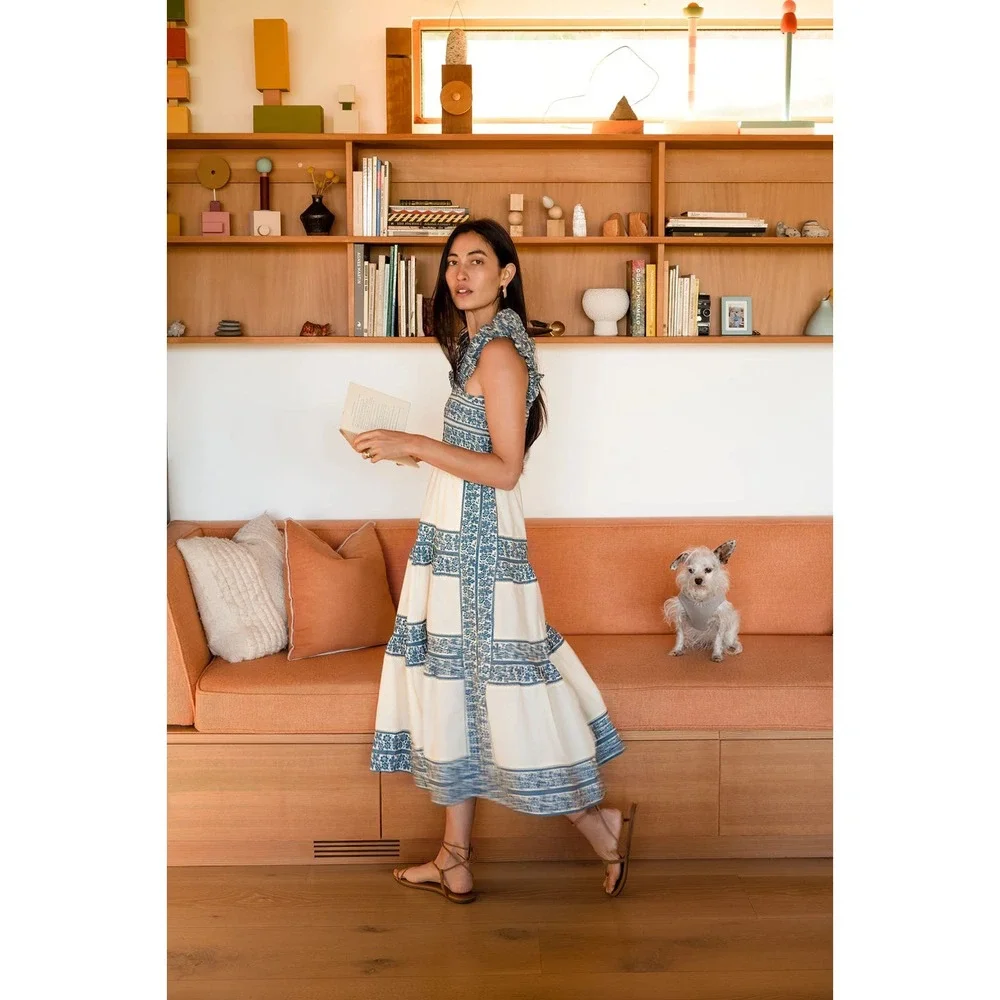 SEA New York Smocked Cream and Navy Dress - Picture 1 of 11